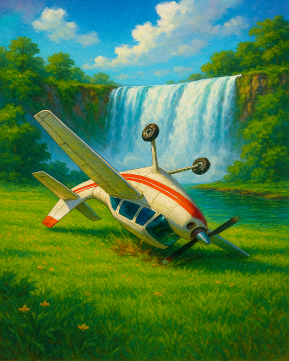 Wasserfall der in einen Teich Strzt und dan Abfliet. Daneben ein abgestrztes Flugzeug, was Kopfber, zerbeult im Sand steckt.