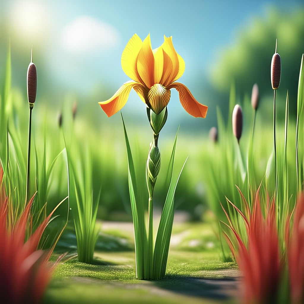  Zu sehen ist ein fast quadratisches Schilfbeet mit Rohrkolben und Schwertlilien. Dazwischen fliegen Schmetterlinge und weitere Insekten sowie Vgel am Himmel. Das Schilfbeet ist mit einer kleinen grnen Hecke umrandet.